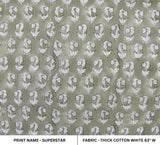Hand Crafted Block Printed Granite Gray Floral Thick Cotton White Fabric For Framhouse Decor - SUPER STAR
