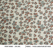 Floral patterned fabric with red and green flowers on a beige background
