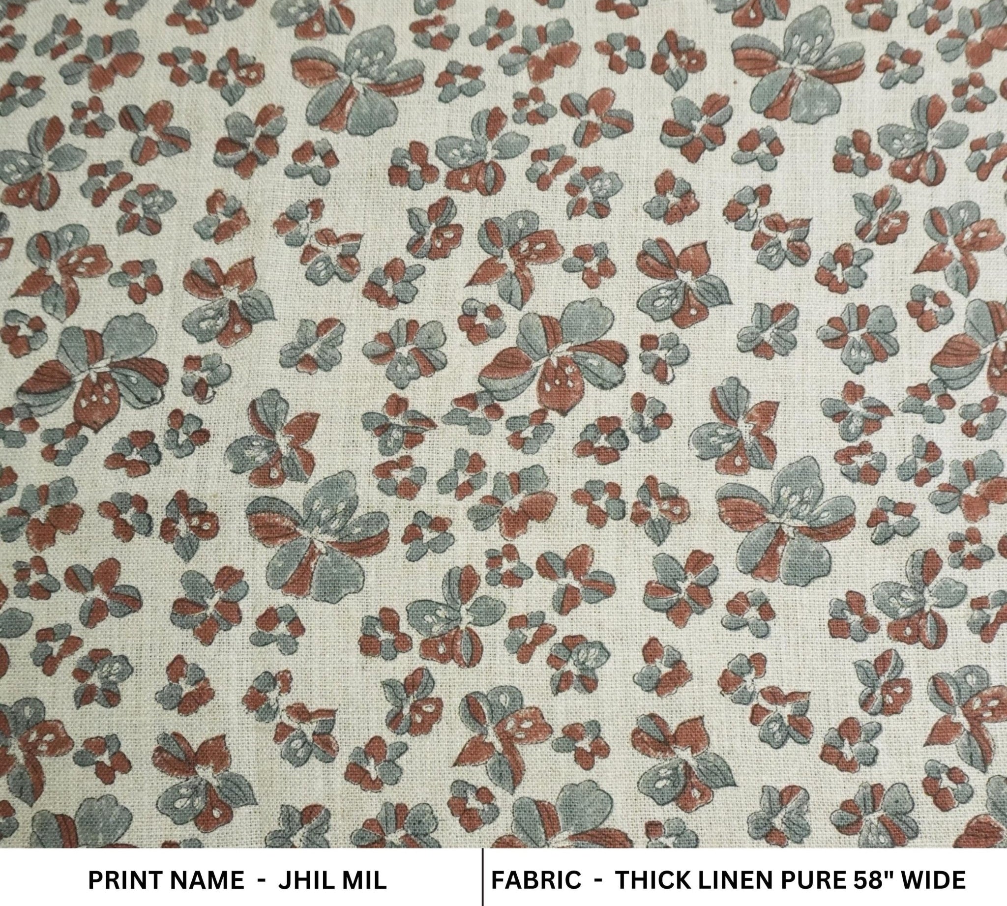 Floral patterned fabric with red and green flowers on a beige background