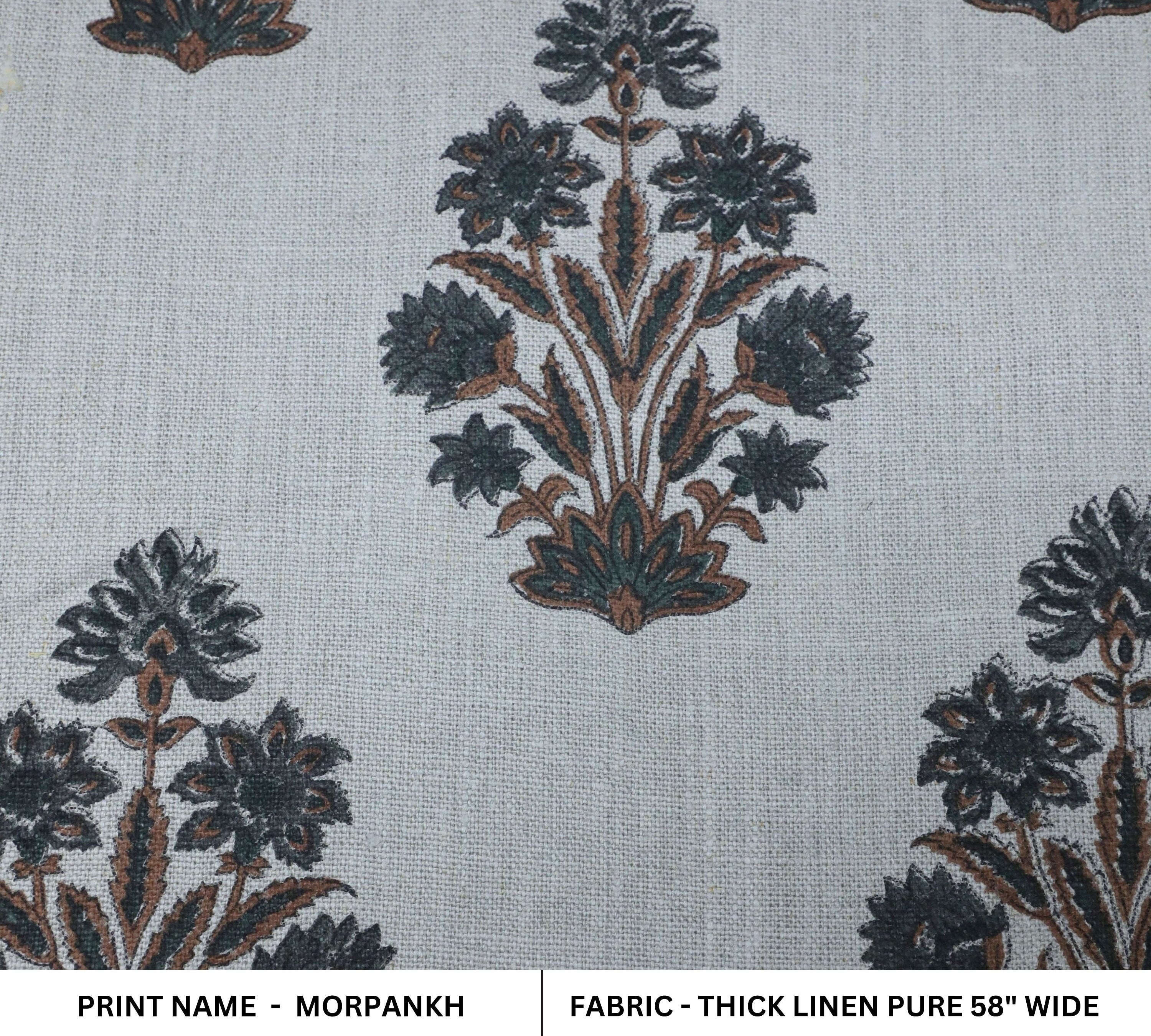 Thick linen block printed fabric for curtains, pillows, cushions, floral handmade art, Indian fabric - MORPANKH