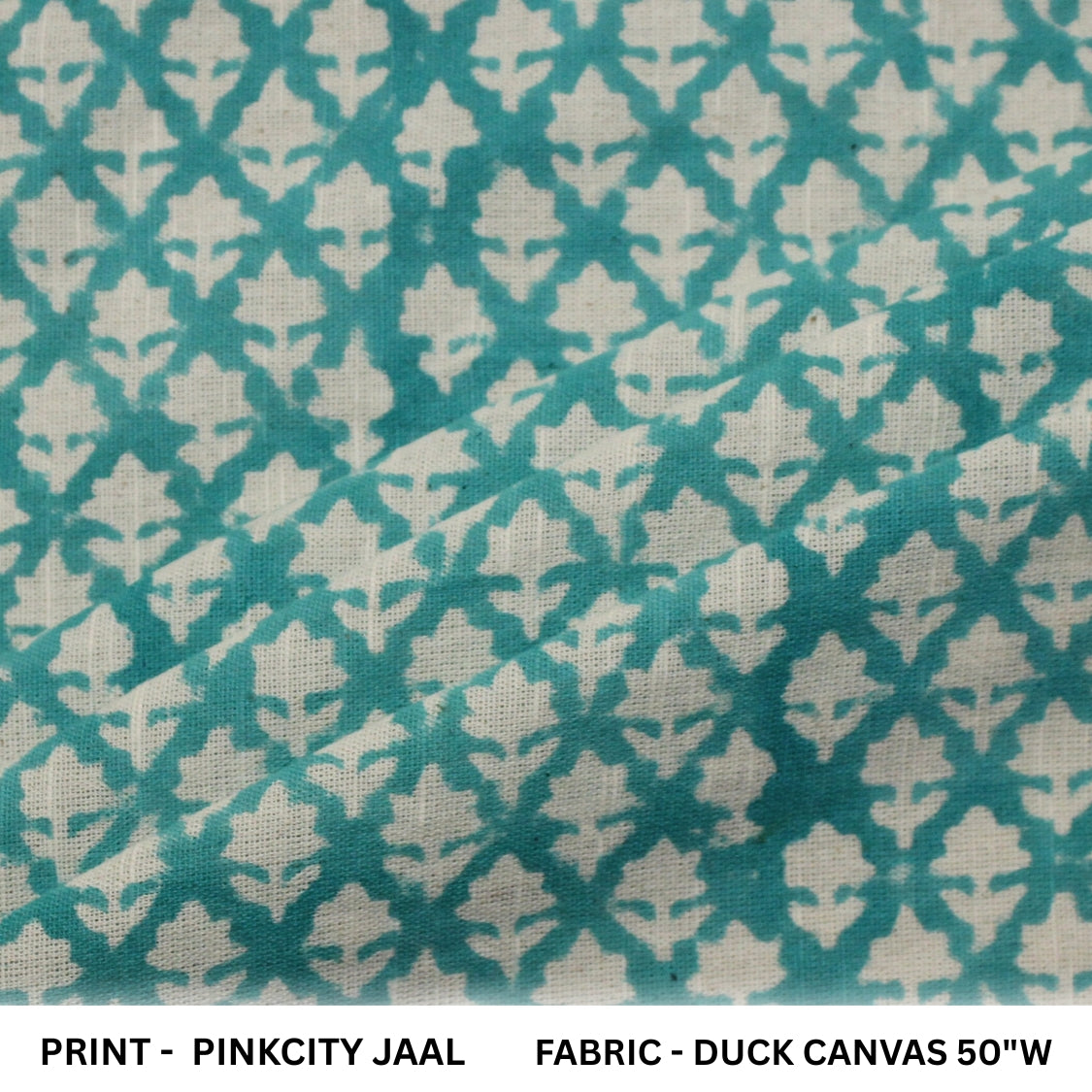 Patterned fabric with geometric design on a teal and beige background