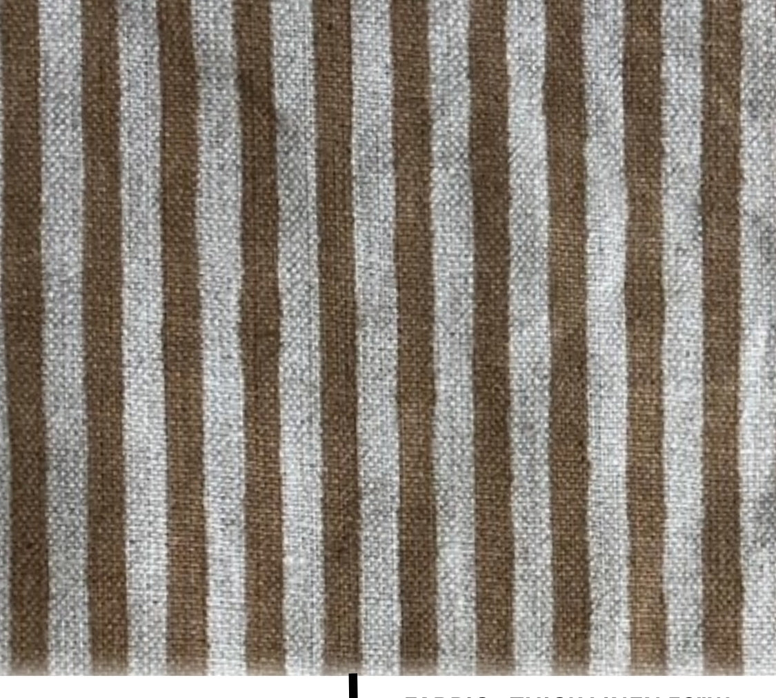 Brown and gray striped fabric with text indicating 'Print - Saat Samundar' and 'Fabric - Thick Linen 58"W'.