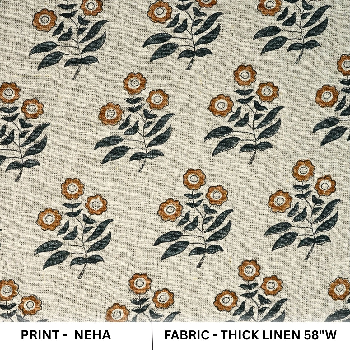 Handcrafted Brown & Black Floral Printed on Thick Linen Fabric - Neha Heritage