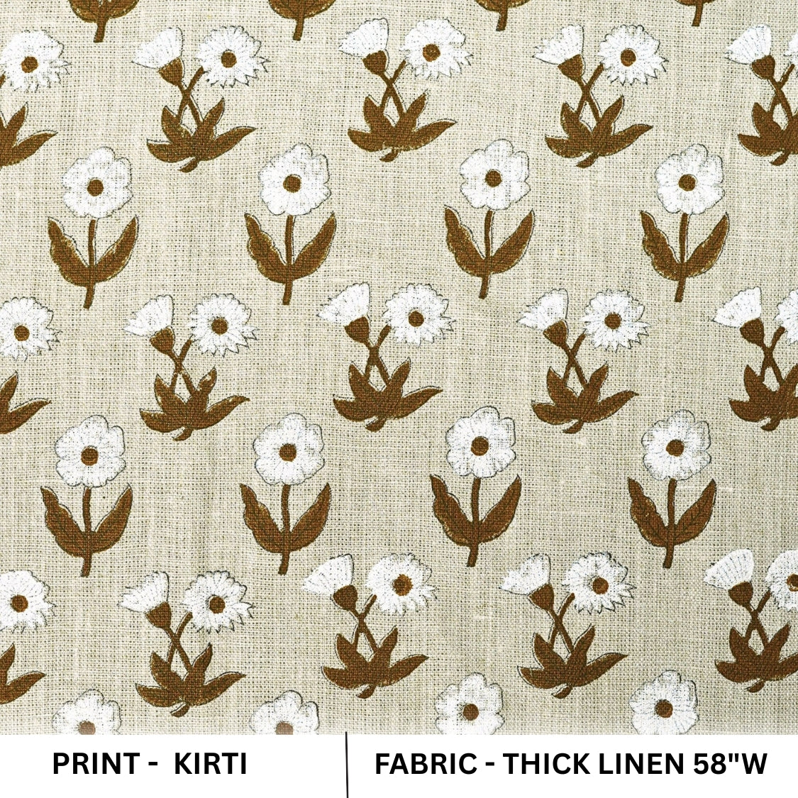 Indian Handblock Printed Brown Floral Sustainable Thick Linen Cushion and Curtains Fabric - KIRTI