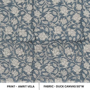 Block Printed Throw Gray Floral Designer Duck Canvas Fabric for Home Decor Window - AMRIT VELA