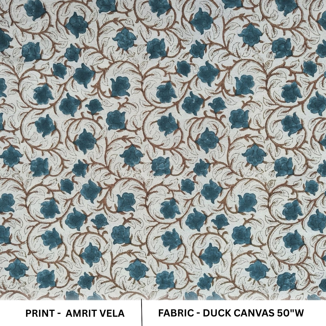 Indian Craftsmanship Handblock Printed Blue Brown Floral Throw Duck Canvas Fabric - AMRIT VELA