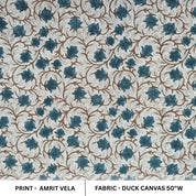 Indian Craftsmanship Handblock Printed Blue Brown Floral Throw Duck Canvas Fabric - AMRIT VELA