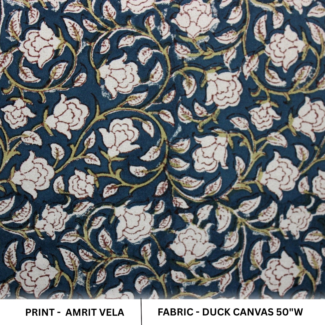 Blue and Green Floral Throw Block Printed Handmade Duck Canvas Fabric For Home Decor - AMRIT VELA