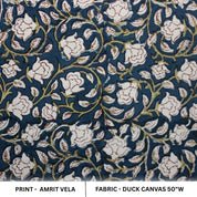 Blue and Green Floral Throw Block Printed Handmade Duck Canvas Fabric For Home Decor - AMRIT VELA