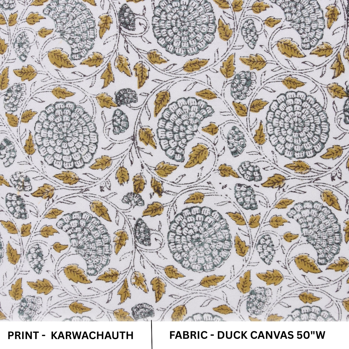 Handmade Floral Block Printed Mustard and Gray in Duck Canvas Customizable Fabric - KARWACHAUTH