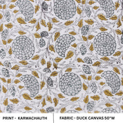 Handmade Floral Block Printed Mustard and Gray in Duck Canvas Customizable Fabric - KARWACHAUTH