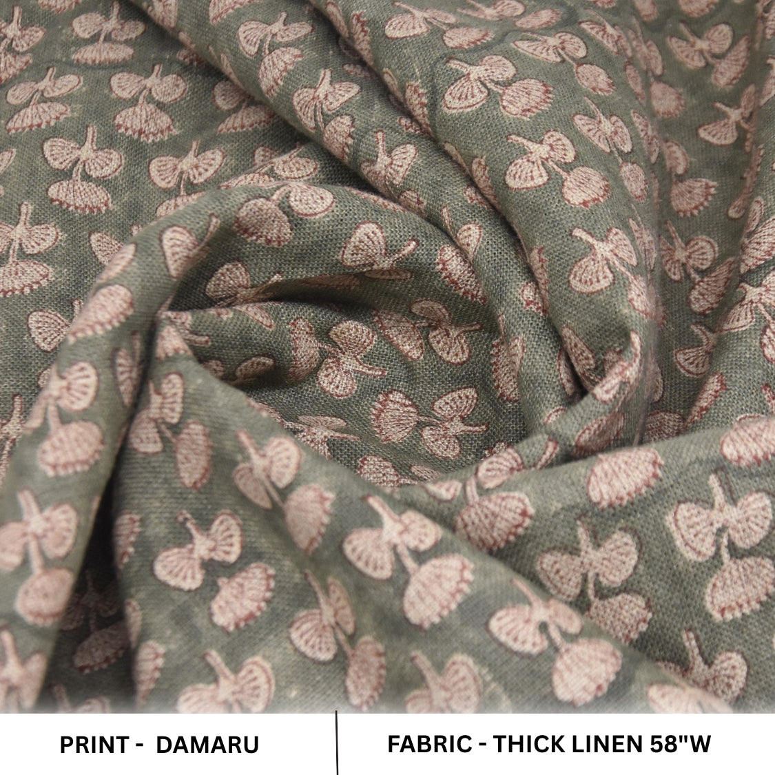 Boho Granite Gray & Beige Floral Handblock Printed Thick Linen Throw Fabric for Cushion - DAMARU