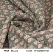 Boho Granite Gray & Beige Floral Handblock Printed Thick Linen Throw Fabric for Cushion - DAMARU