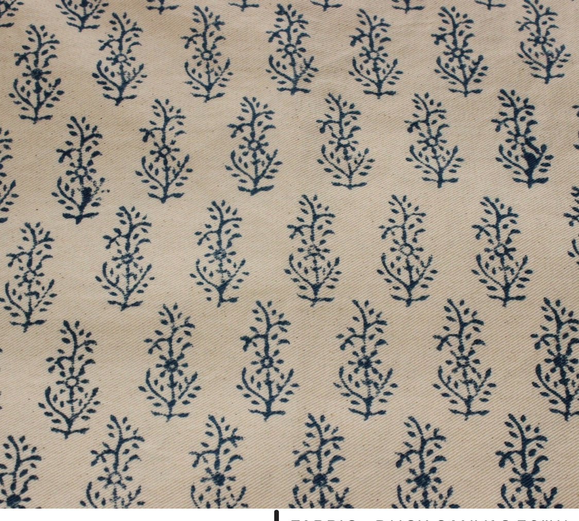 Navy floral pattern on beige fabric with dimensions and fabric type text.