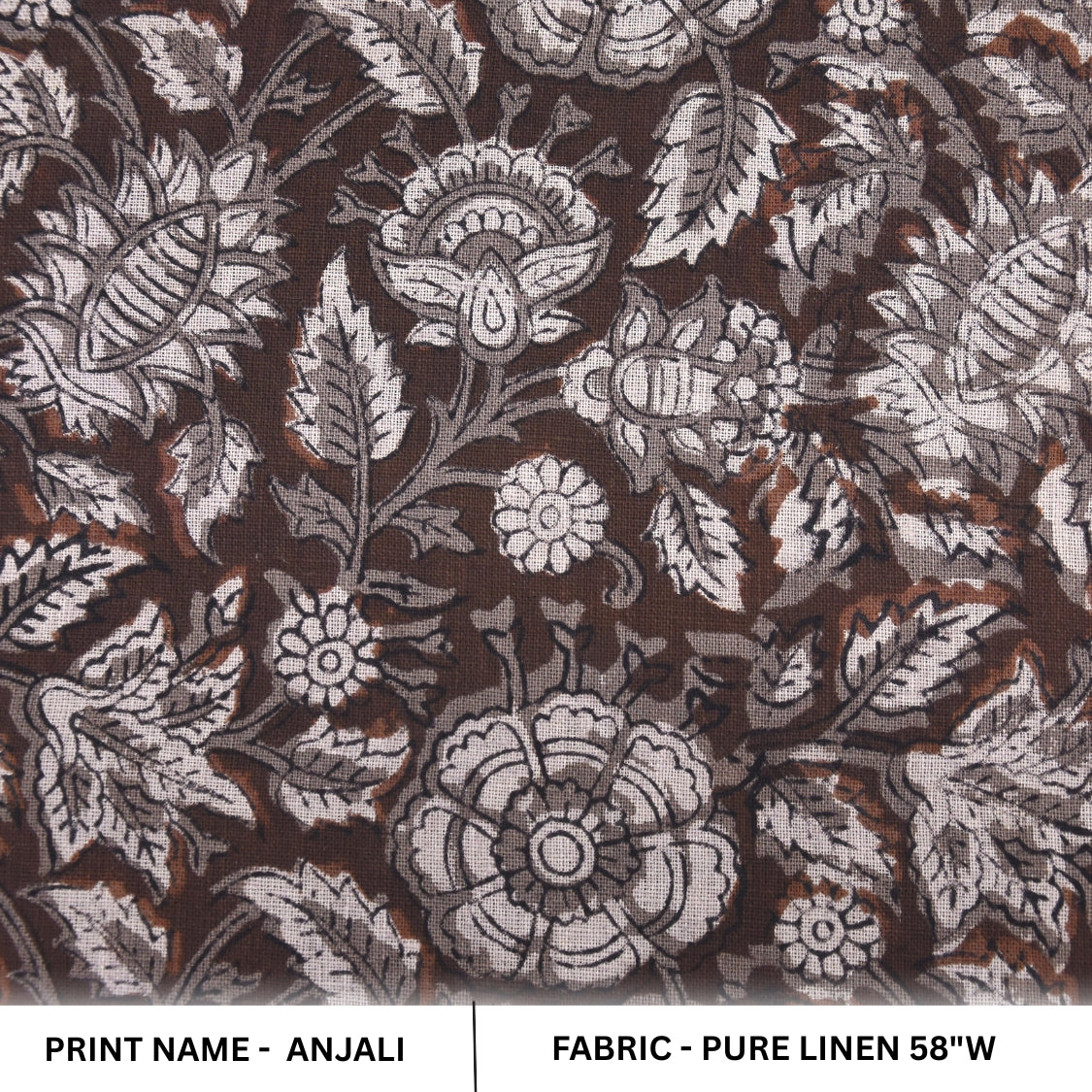 Hand Block Printed Brown Floral Boho Fabric on Pure Linen for Throws Home Decor - Anjali