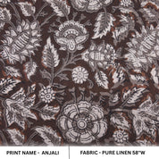 Hand Block Printed Brown Floral Boho Fabric on Pure Linen for Throws Home Decor - Anjali