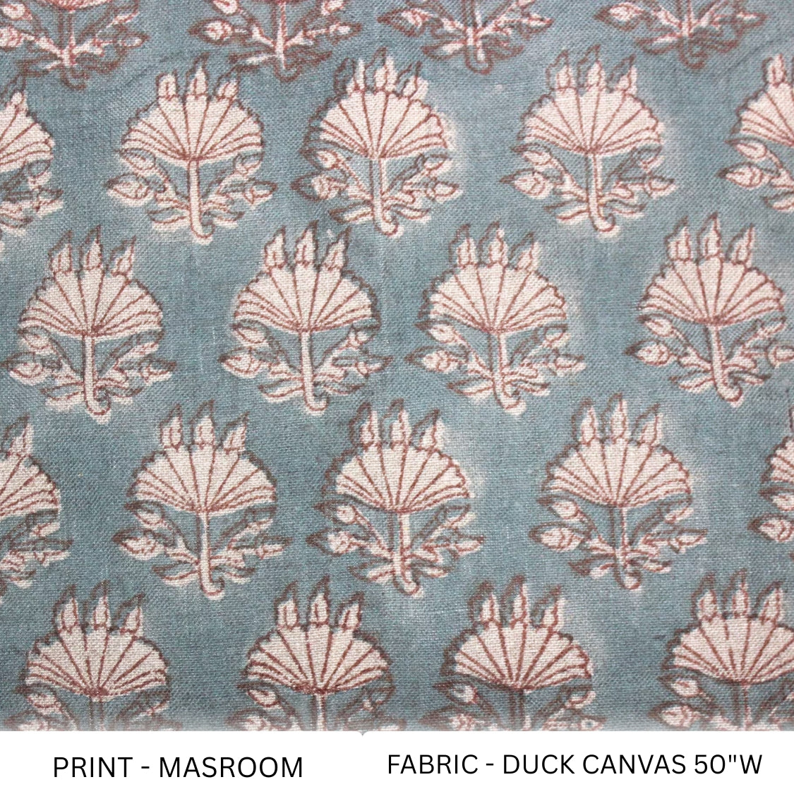 Handblock Printed Throw Boho Bluish and Beige Floral Duck Canvas Fabric For Bedroom - MUSHROOM