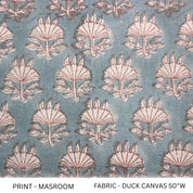 Handblock Printed Throw Boho Bluish and Beige Floral Duck Canvas Fabric For Bedroom - MUSHROOM