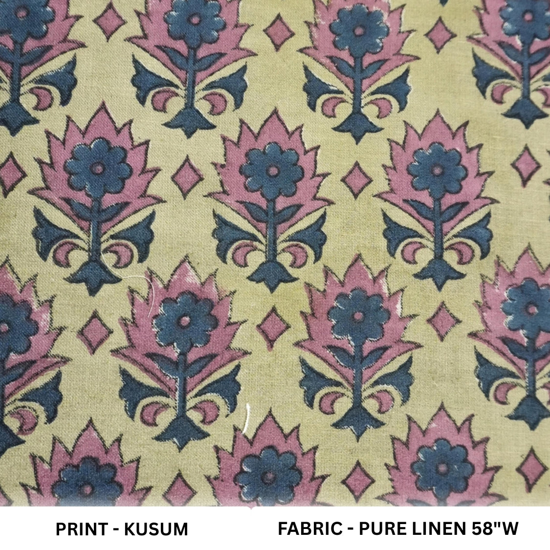 Handblock Printed 100% Pure Linen Fabric with Pink & Blue Floral Elegance Bloom - KUSUM