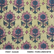 Handblock Printed 100% Pure Linen Fabric with Pink & Blue Floral Elegance Bloom - KUSUM