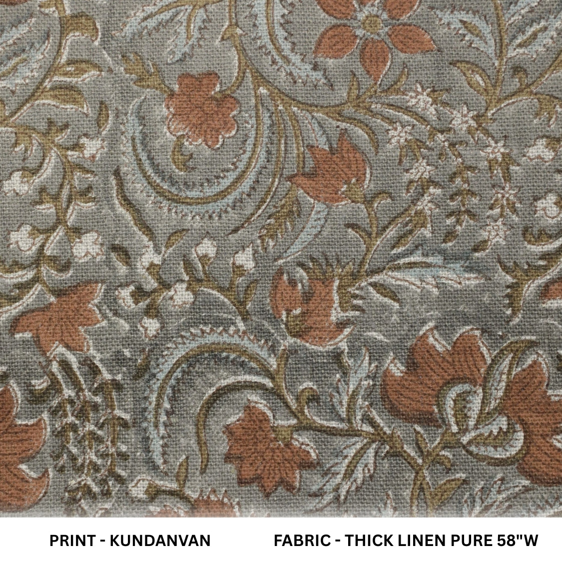 Indian Handblock Printed Throw Gray & Brown Floral Thick Linen Fabric For Curtains - KUNDANVAN