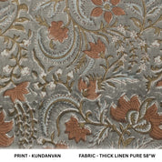 Indian Handblock Printed Throw Gray & Brown Floral Thick Linen Fabric For Curtains - KUNDANVAN