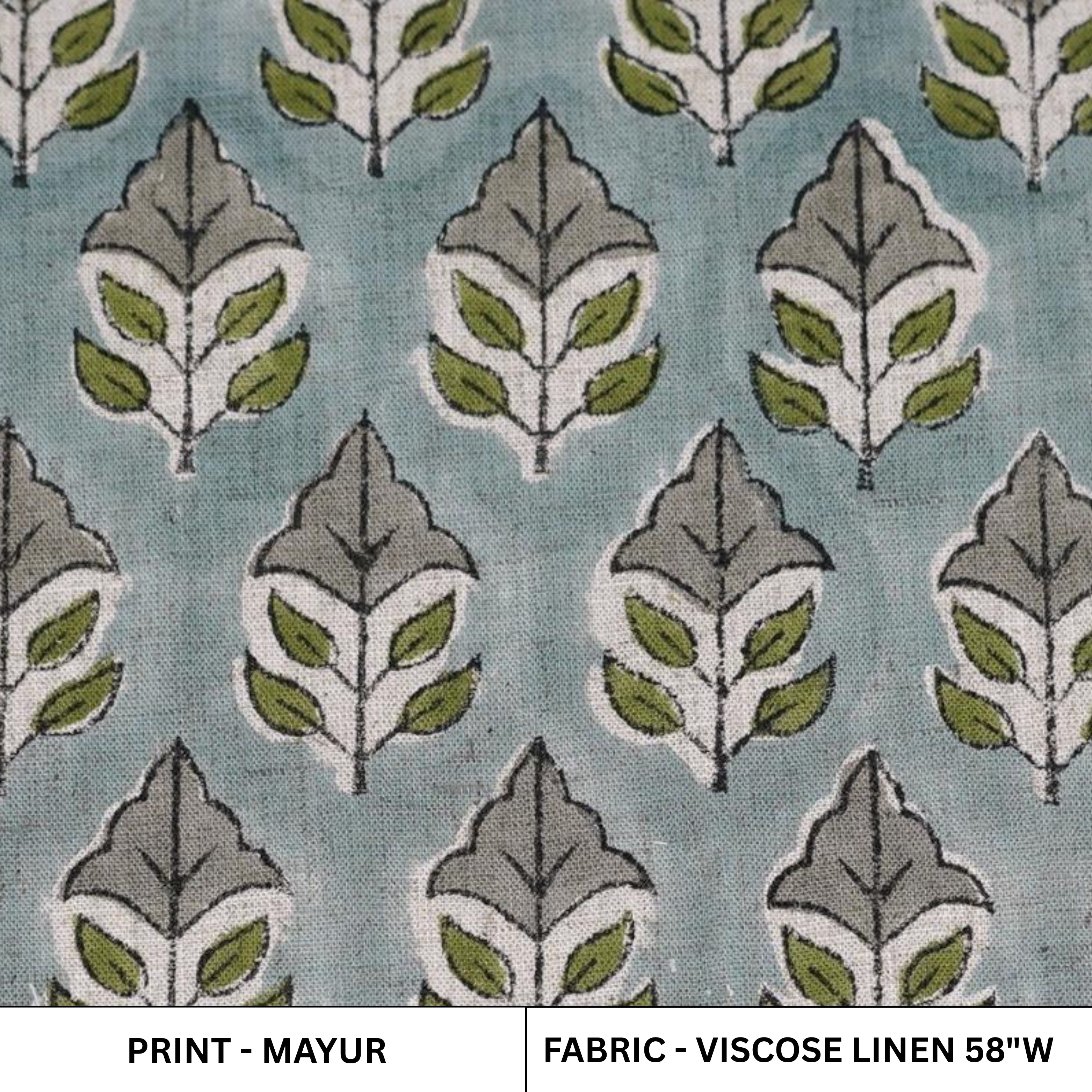 Viscose linen Patterned fabric with leaf design on a blue background