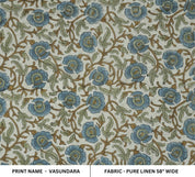 Wooden Block Print Sage Green Blue Floral Pure Linen Fabric – Vasundara