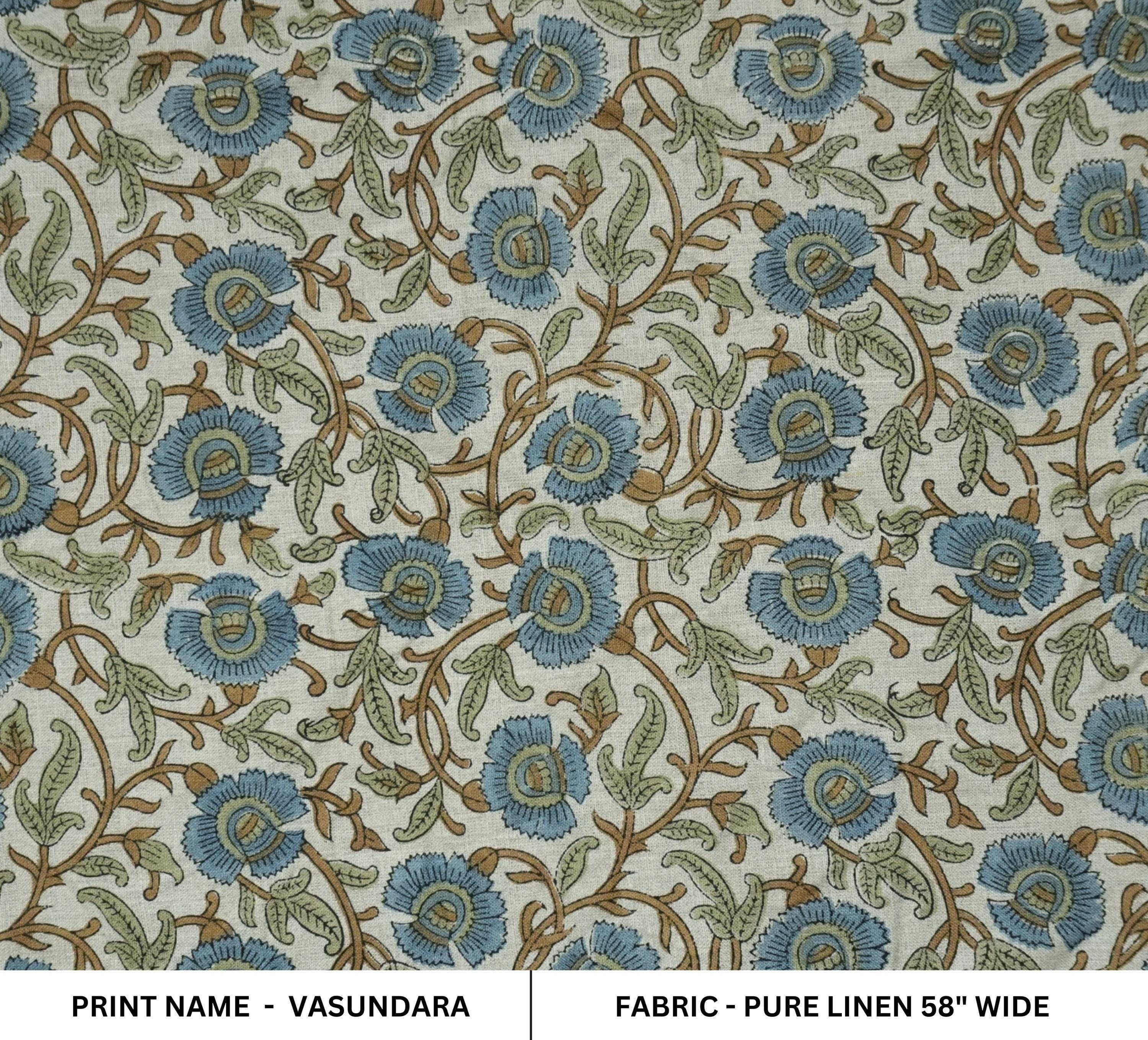 Wooden Block Print Sage Green Blue Floral Pure Linen Fabric – Vasundara