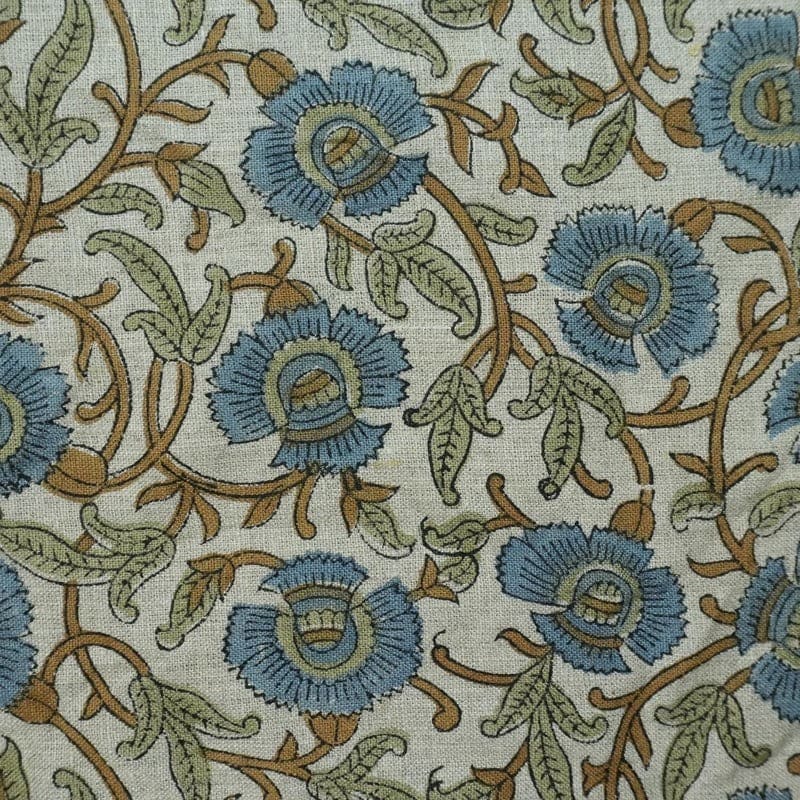 Wooden Block Print Sage Green Blue Floral Pure Linen Fabric – Vasundara