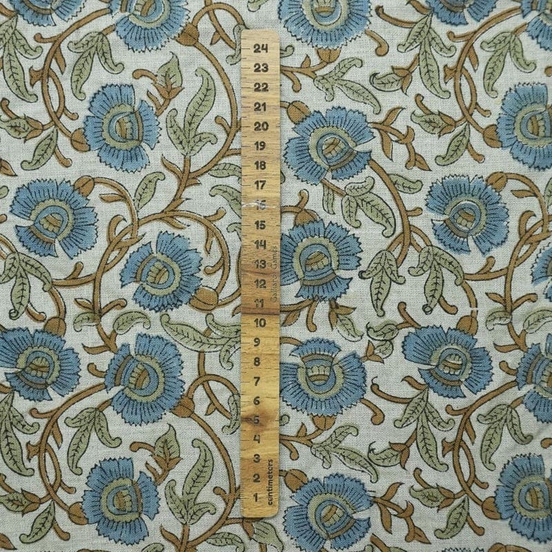 Wooden Block Print Sage Green Blue Floral Pure Linen Fabric – Vasundara