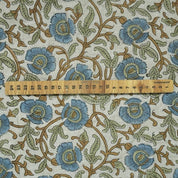 Wooden Block Print Sage Green Blue Floral Pure Linen Fabric – Vasundara