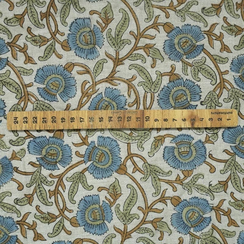 Wooden Block Print Sage Green Blue Floral Pure Linen Fabric – Vasundara