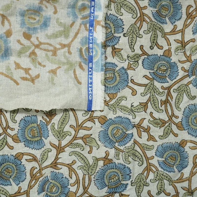 Wooden Block Print Sage Green Blue Floral Pure Linen Fabric – Vasundara