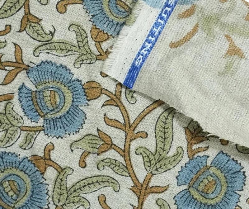 Wooden Block Print Sage Green Blue Floral Pure Linen Fabric – Vasundara