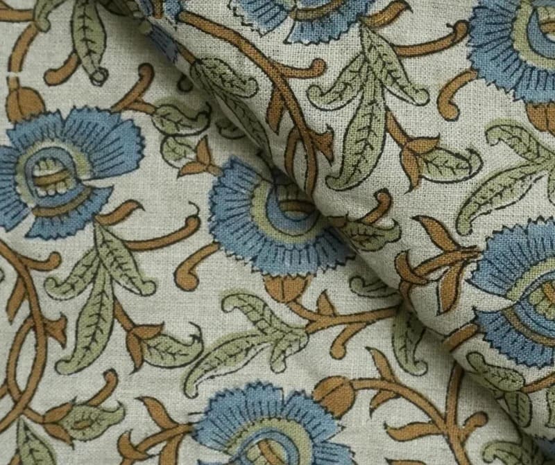 Wooden Block Print Sage Green Blue Floral Pure Linen Fabric – Vasundara