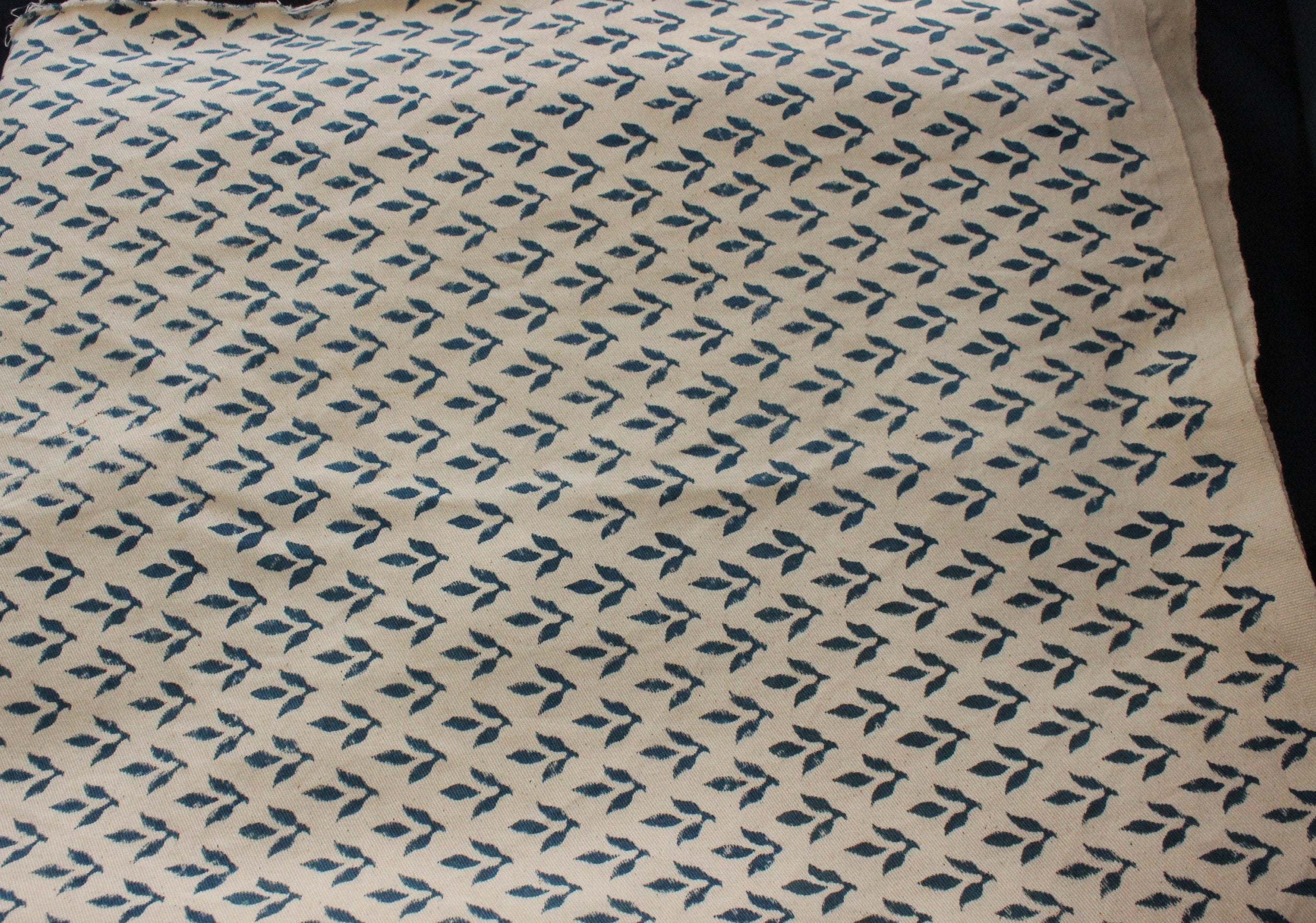 Diya Bati  Beige Blue Block Print Fabric, Indian Linen Fabric, Buy Fabric By The Yard Handmade Upholstery Fabric Linen For Chair And Sofa