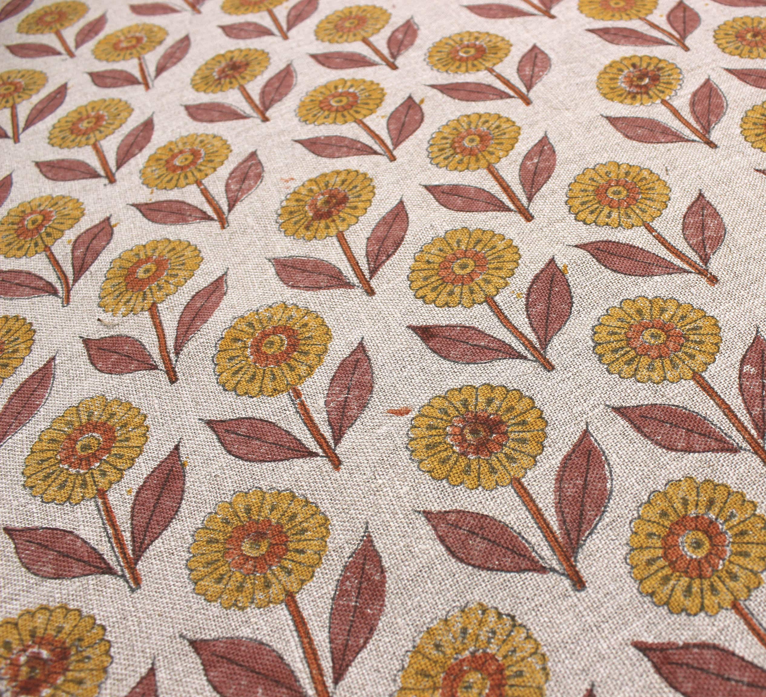 Genda Pushp  Flower Hand Block Print Fabric,Heavy Hand Woven Linen Pillow Case,Printed Upholstery Fabrics
