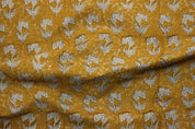 Block Print Linen Fabric, Thick Handloom Linen Fabric Block Print Mustard Color Floral Linen Fabric For Cushion Pillow Cover, Upholstery Fabric