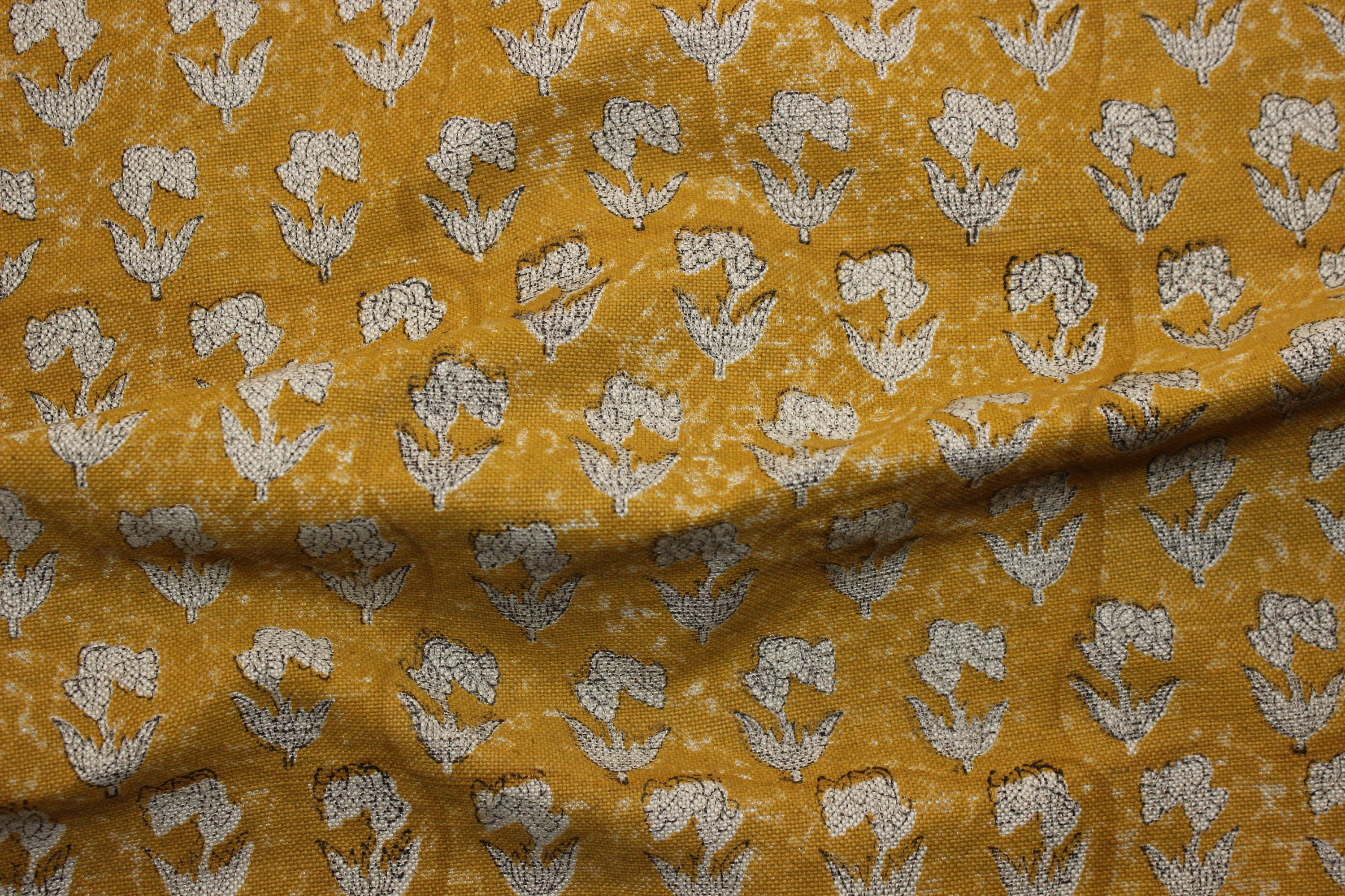 Block Print Linen Fabric, Thick Handloom Linen Fabric Block Print Mustard Color Floral Linen Fabric For Cushion Pillow Cover, Upholstery Fabric