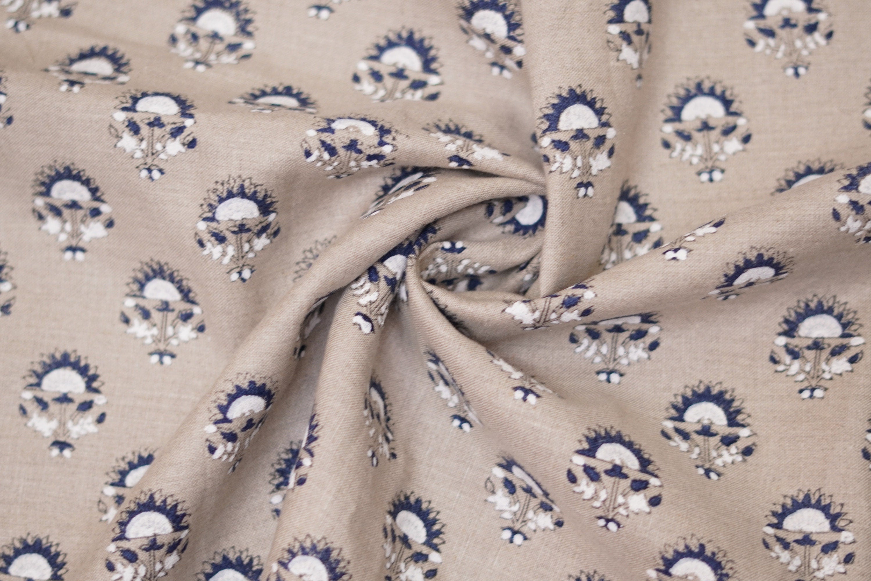 Indrajeet  Block Print Handloom Linen Fabric Heavy Linen Fabric, Upholstery Fabric,Pillowcases, Home Decor Blue Linen Flower