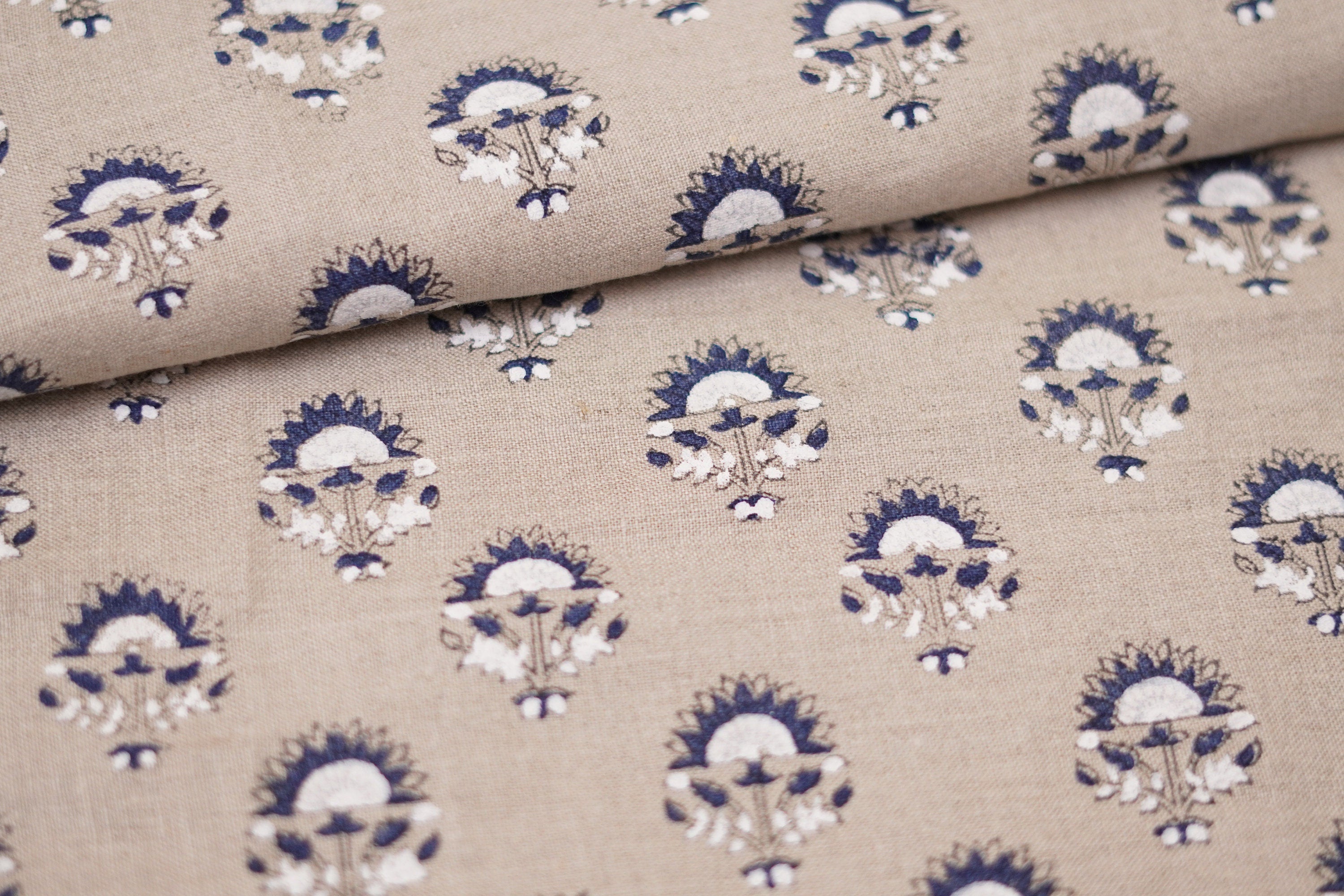 Indrajeet  Block Print Handloom Linen Fabric Heavy Linen Fabric, Upholstery Fabric,Pillowcases, Home Decor Blue Linen Flower