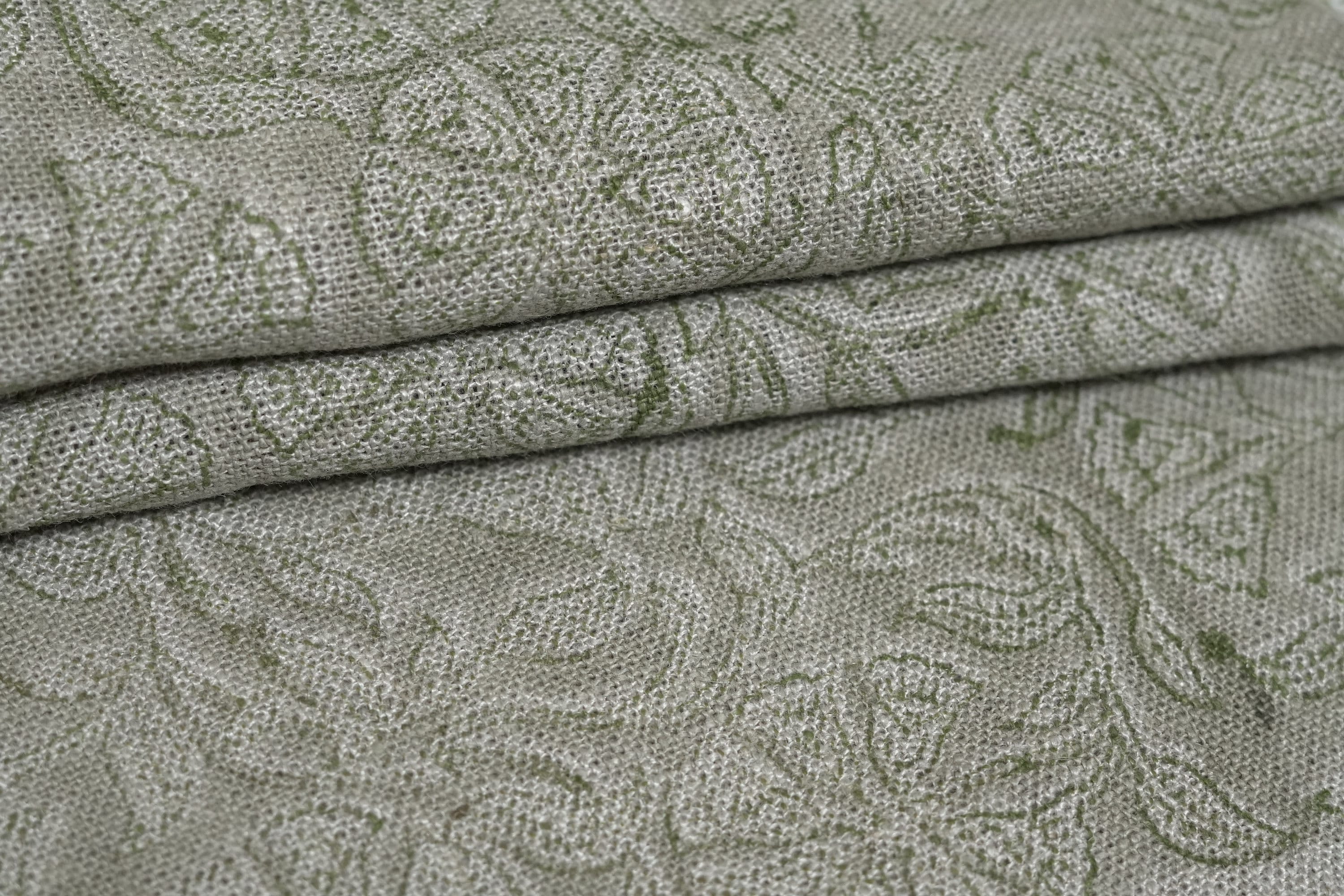 Block Print Linen Fabric, Sudarshan  Nature Blooming Vine  Linen Block Print Block Print Heavy Linen Fabric Thick Linen Fabric Green Flower Vine