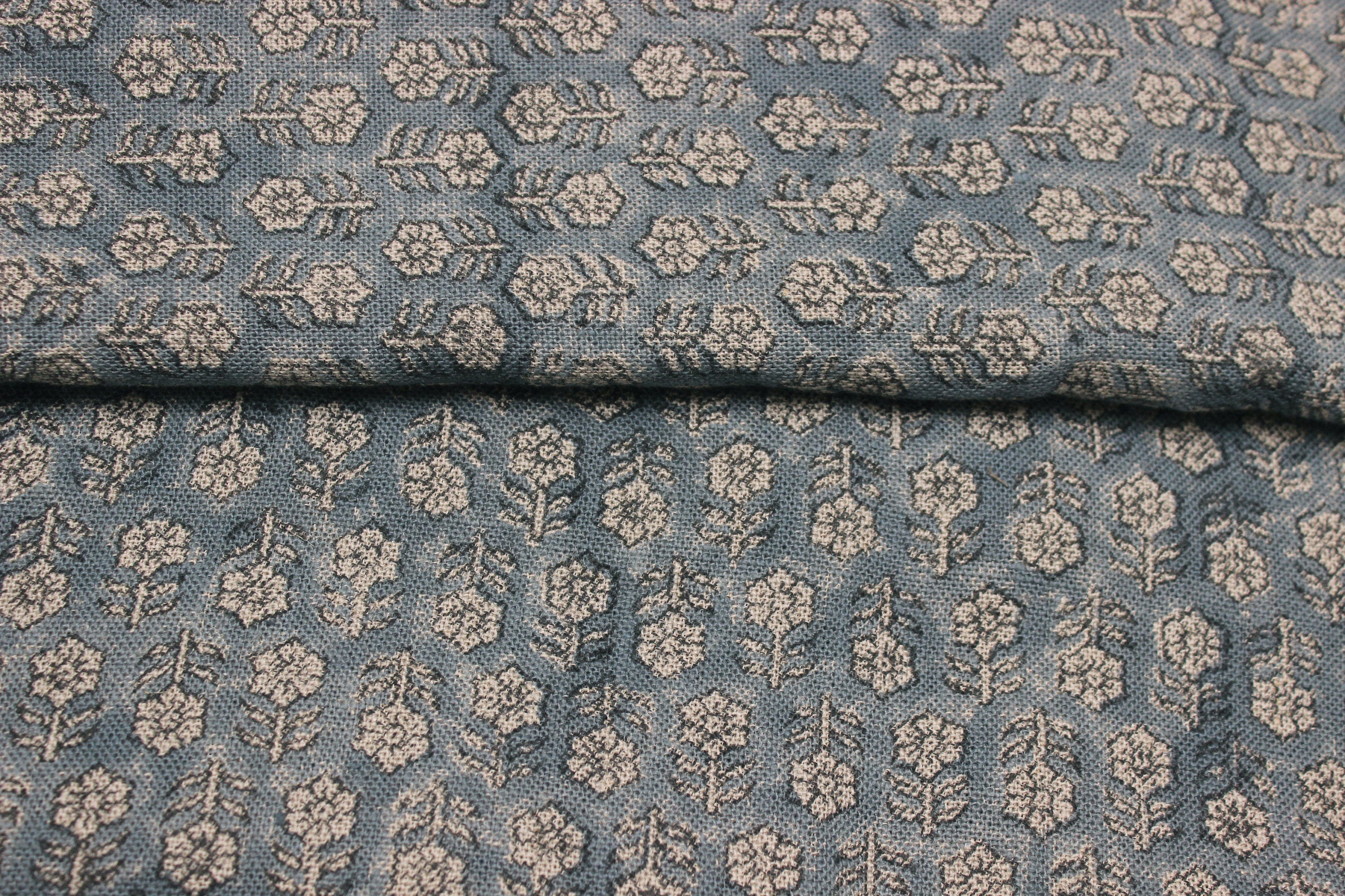 Block Print Linen Fabric, Tulsi Buti Floral  Thick Handloom Linen, Most Popular Indian Block Print For Pillow Cases, Upholstery And Thanksgiving Decor