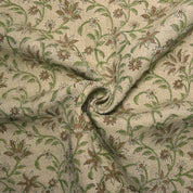 Aaradhna Floral  Brown Green Floral Block Print Linen Fabric, Hand Loom Home Decor Linen Cotton Fabric, Cushion Fabric