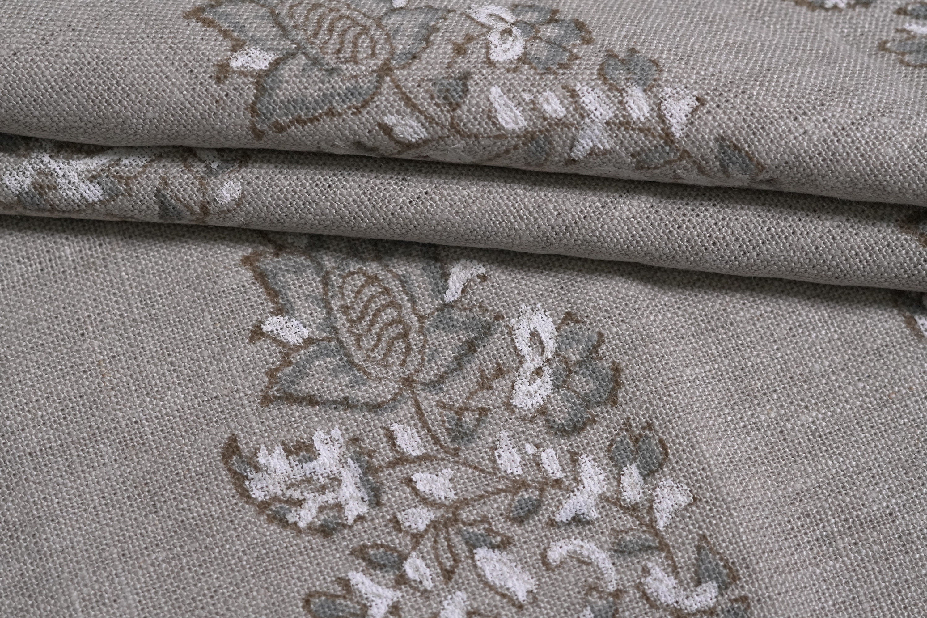 Block Print Linen Fabric, Mangal Bela  Indian Handmade Big Floral Block Printed Thick Linen Fabric  Home Decors & Interior  Natural And Sustainable Fabrics