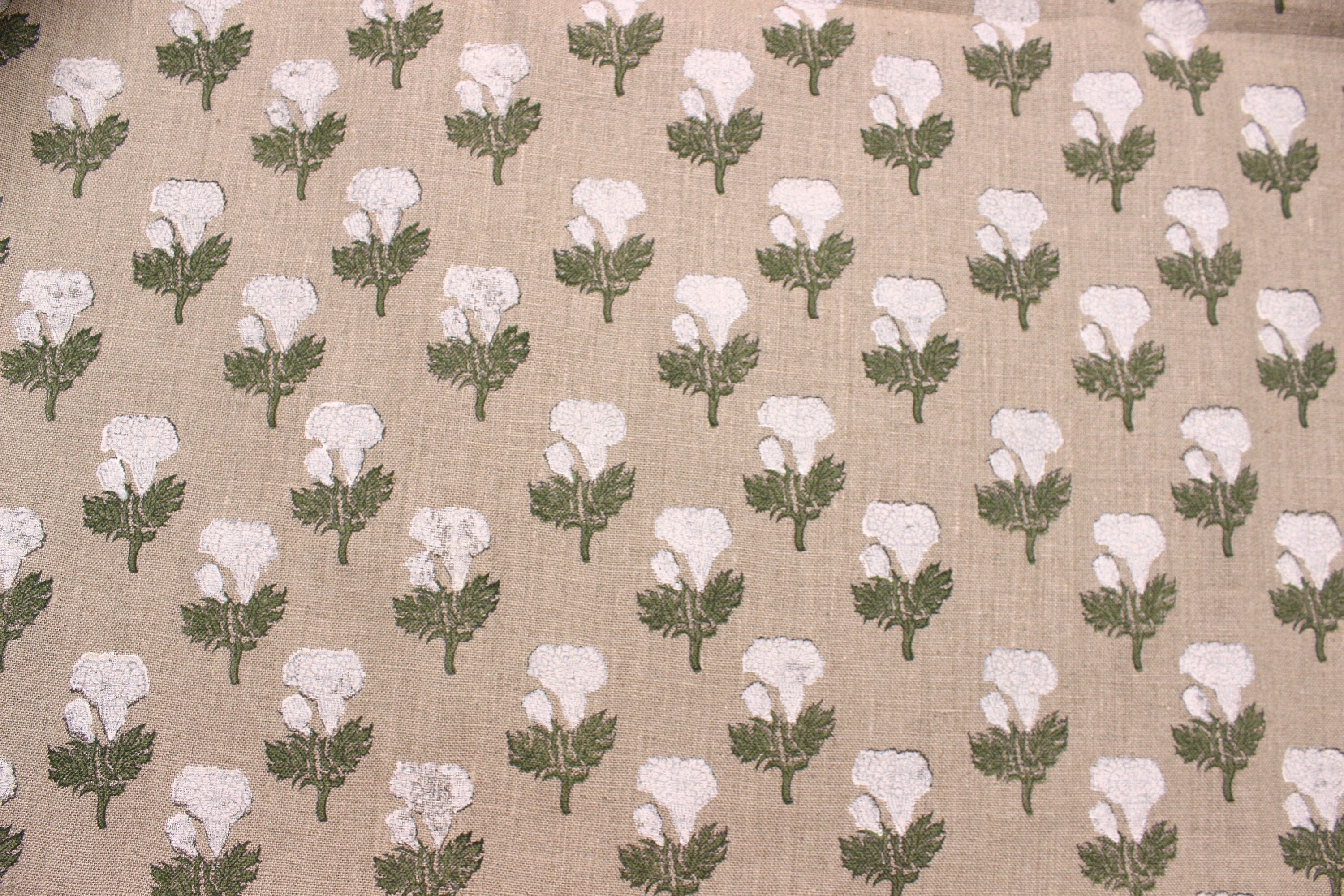 Block Print Linen Fabric, Manmohan   White Green Block Print Fabric  Indian Linen Fabric  Linen Block Print  Heavy Handloom Linen Running Fabric