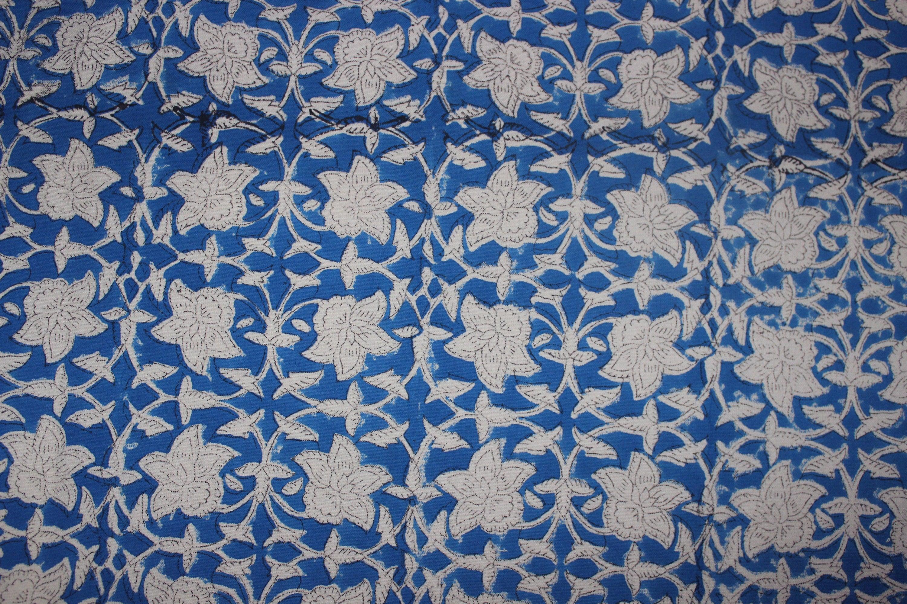 Azure Sky  Indian Handmade Block Print Art On Pure Linen & Cotton Fabrics, Floral Design Running Fabric For Home Decors Upholsterypillows