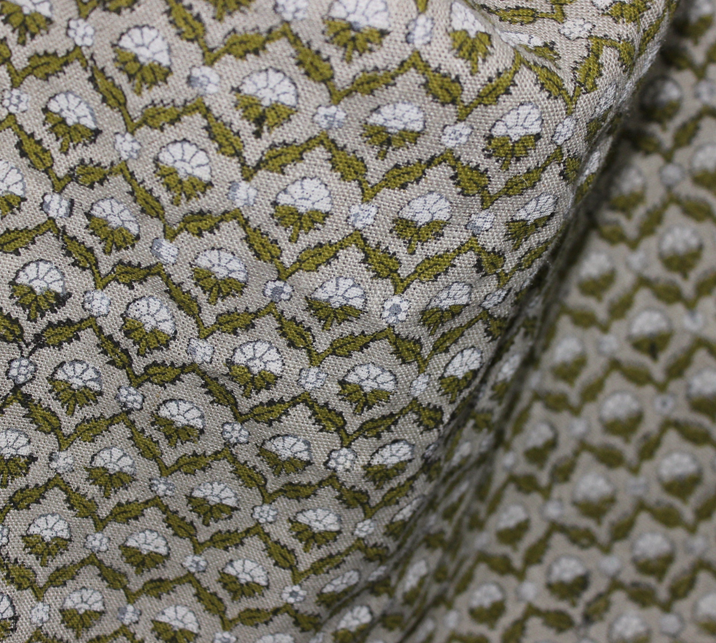 Block Print Linen Fabric, Madhuvan  Green Fabric, Floral Block Print, Best For Cushion Cover Fabric, Pillow Cover Fabric, Green Upholstery, Green Pillow, Home Decor