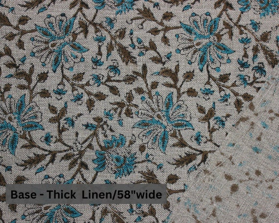 Block Print Linen Fabric, Neera Bel  Pure Linen & Cotton Fabrics With Indian Handmade Block Print Art,Floral Design Running Fabric For Home Decors Upholsterypillows
